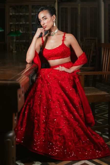 Mishru_Red Organza Embroidery, Sequins, Applique Scoop Neck Emma Lehenga Set _at_Aza_Fashions