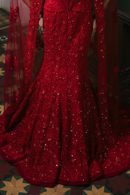 Mishru_Red Tulle Embroidery, Sequins Sweetheart Neck, Open Esme Corset And Skirt Set _at_Aza_Fashions