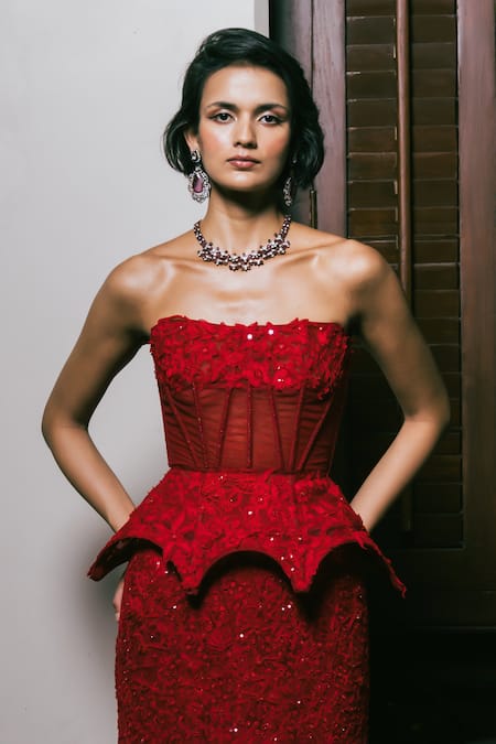 Mishru Red Organza Embroidery, Mirrors, Sequins Bandeau Neck Freya Corset With Skirt Online at Aza Fashions Mishru_Red Organza Embroidery, Mirrors, Sequins Bandeau Neck Freya Corset With Skirt _Online_at_Aza_Fashions