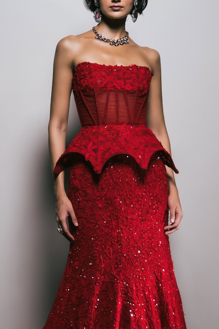 Shop Mishru Red Organza Embroidery, Mirrors, Sequins Bandeau Neck Freya Corset With Skirt Online at Aza Fashions Shop_Mishru_Red Organza Embroidery, Mirrors, Sequins Bandeau Neck Freya Corset With Skirt _Online_at_Aza_Fashions