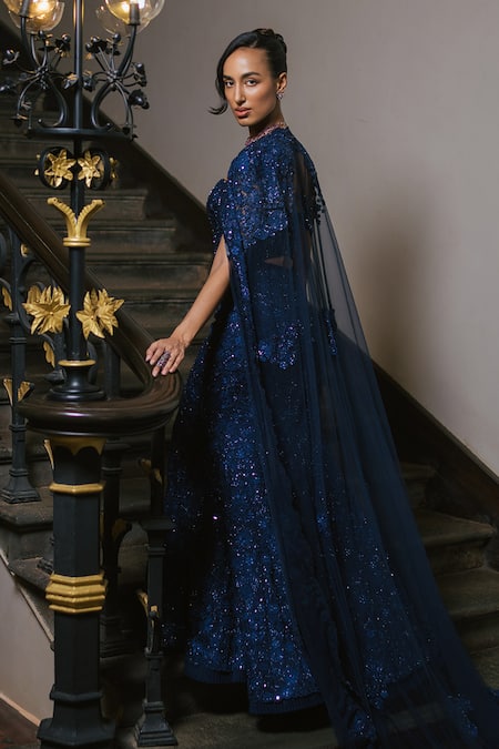 Buy_Mishru_Navy Tulle Sequins, Embroidery Sweetheart Neck, Round Yana Corset And Skirt Set _Online_at_Aza_Fashions