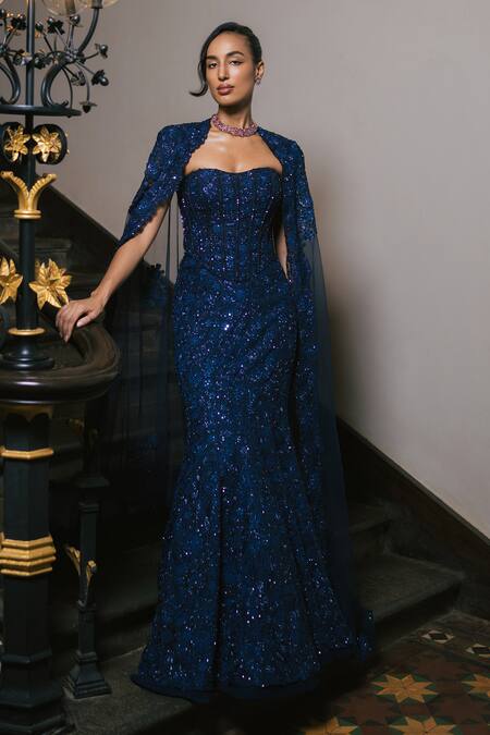 Shop_Mishru_Navy Tulle Sequins, Embroidery Sweetheart Neck, Round Yana Corset And Skirt Set _Online_at_Aza_Fashions