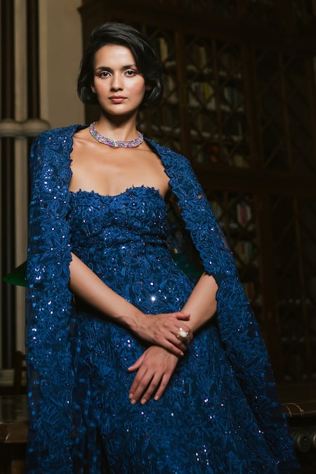 Mishru Blue Organza, Tulle Embroidery, Sequins Bandeau Neck, Cheryl Gown With Cape Online at Aza Fashions Mishru_Blue Organza, Tulle Embroidery, Sequins Bandeau Neck, Cheryl Gown With Cape _Online_at_Aza_Fashions
