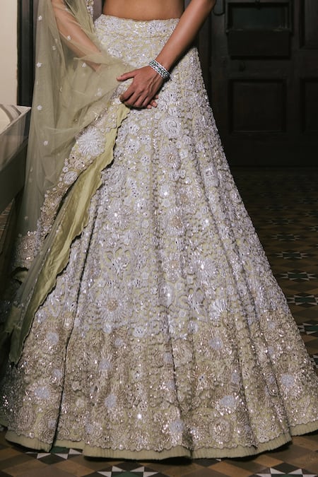 Mishru_Green Tulle Embroidery, Sequins Boat Neck Meira Lehenga Set _Online_at_Aza_Fashions
