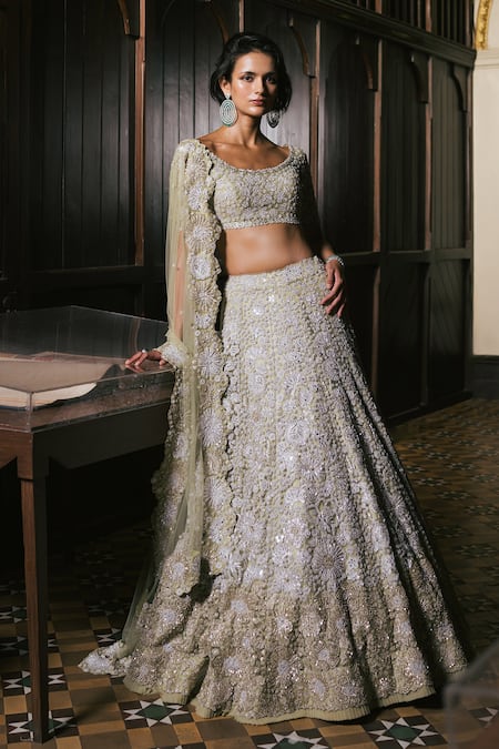Buy_Mishru_Green Tulle Embroidery, Sequins Boat Neck Meira Lehenga Set _Online_at_Aza_Fashions