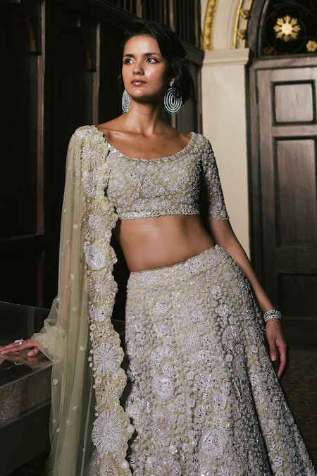 Shop_Mishru_Green Tulle Embroidery, Sequins Boat Neck Meira Lehenga Set _Online_at_Aza_Fashions