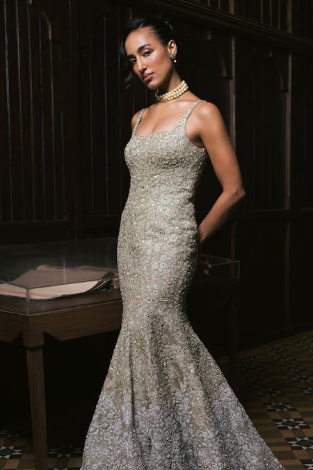 Mishru Green Organza Embroidery Square Neck Claire Gown Online at Aza Fashions Mishru_Green Organza Embroidery Square Neck Claire Gown _Online_at_Aza_Fashions