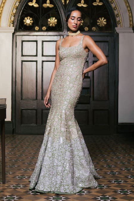 Mishru Green Organza Embroidery Square Neck Claire Gown 