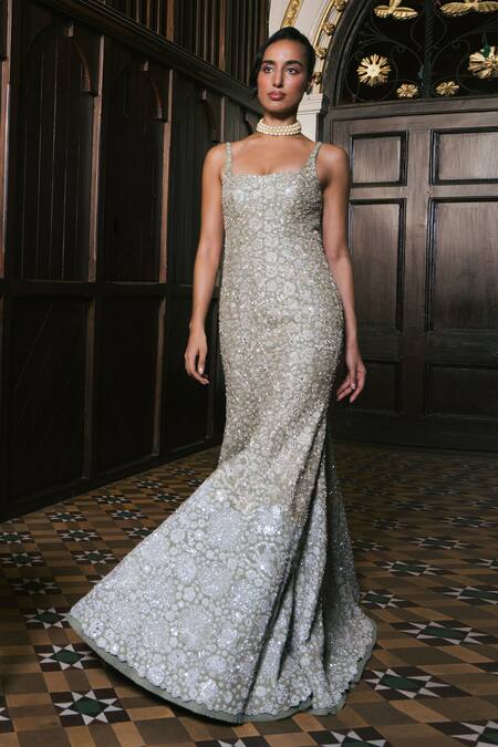 Mishru Green Organza Embroidery Square Neck Claire Gown at Aza Fashions Mishru_Green Organza Embroidery Square Neck Claire Gown _at_Aza_Fashions