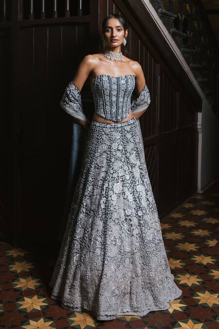 Buy_Mishru_Gray Tulle Embroidery, Sequins Bandeau Neck Avira Lehenga Set _Online_at_Aza_Fashions