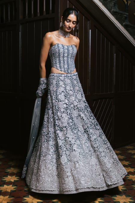 Shop_Mishru_Gray Tulle Embroidery, Sequins Bandeau Neck Avira Lehenga Set _Online_at_Aza_Fashions