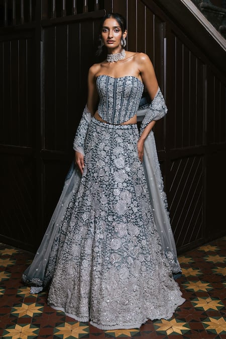 Mishru_Gray Tulle Embroidery, Sequins Bandeau Neck Avira Lehenga Set _at_Aza_Fashions