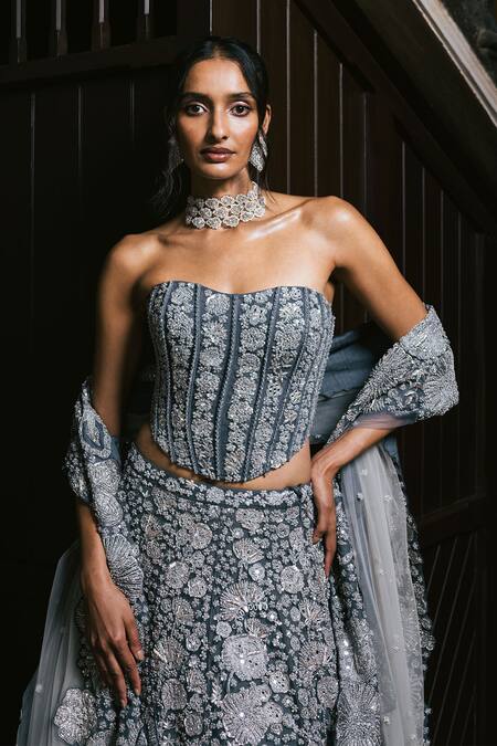 Buy_Mishru_Gray Tulle Embroidery, Sequins Bandeau Neck Avira Lehenga Set 