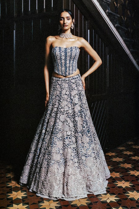 Mishru Gray Tulle Embroidery, Sequins Bandeau Neck Avira Lehenga Set 