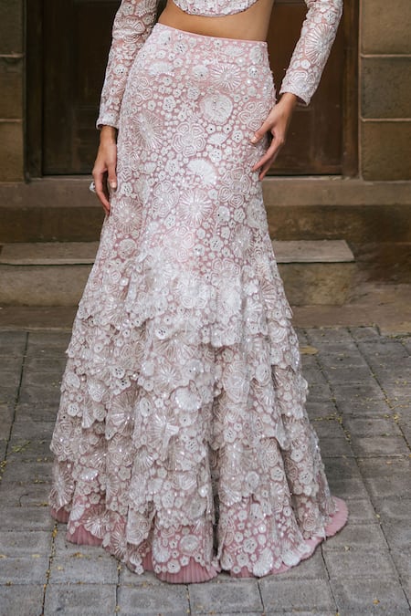 Mishru Pink Tulle Embroidery, Sequins, Fabric Flowers Sweetheart Neck Isla Lehenga Set Online at Aza Fashions Mishru_Pink Tulle Embroidery, Sequins, Fabric Flowers Sweetheart Neck Isla Lehenga Set _Online_at_Aza_Fashions