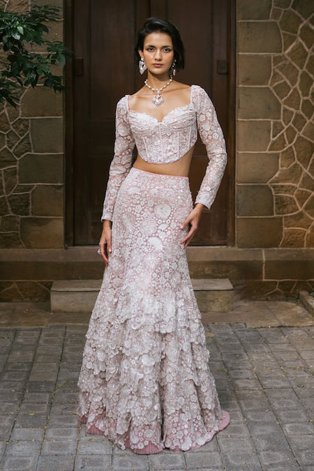 Shop Mishru Pink Tulle Embroidery, Sequins, Fabric Flowers Sweetheart Neck Isla Lehenga Set Online at Aza Fashions Shop_Mishru_Pink Tulle Embroidery, Sequins, Fabric Flowers Sweetheart Neck Isla Lehenga Set _Online_at_Aza_Fashions