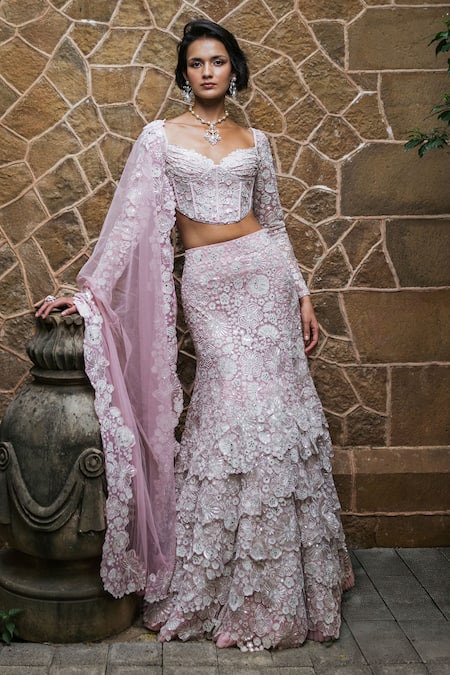 Mishru Pink Tulle Embroidery, Sequins, Fabric Flowers Sweetheart Neck Isla Lehenga Set 
