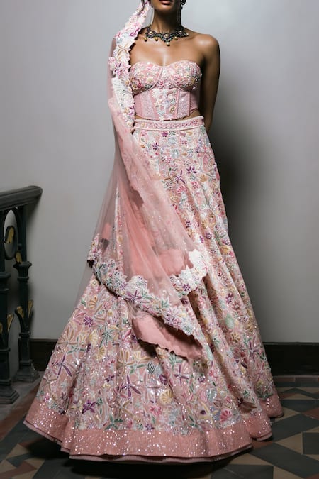 Buy_Mishru_Blush Organza, Tulle Embroidery, Sequins Sweetheart Neck Seona Lehenga Set _Online_at_Aza_Fashions