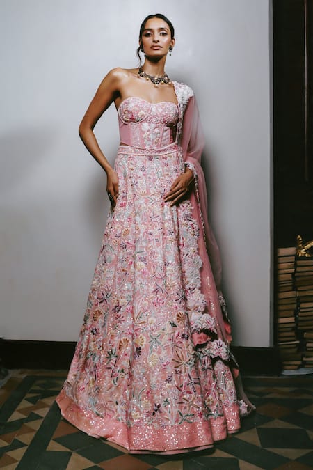 Mishru Blush Organza, Tulle Embroidery, Sequins Sweetheart Neck Seona Lehenga Set 