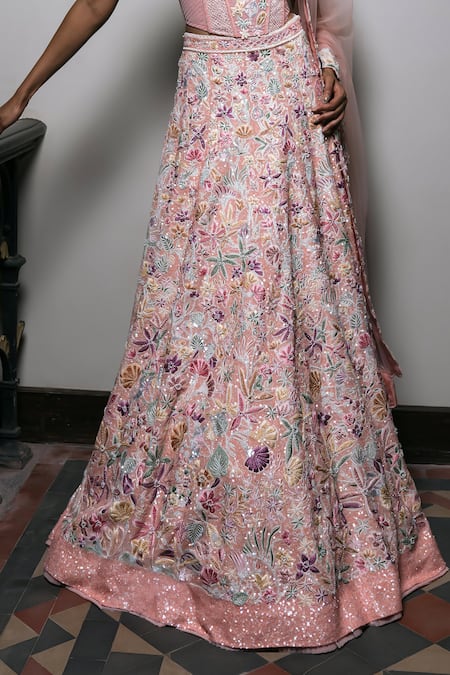 Mishru_Blush Organza, Tulle Embroidery, Sequins Sweetheart Neck Seona Lehenga Set _at_Aza_Fashions