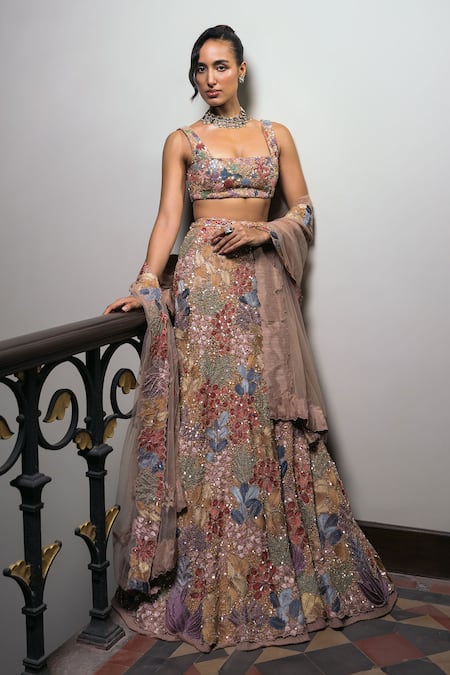 Shop_Mishru_Gold Tulle Embroidery, Sequins, Beads Square Neck Amelia Lehenga Set _Online_at_Aza_Fashions