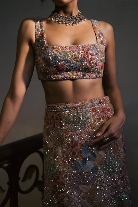 Mishru_Gold Tulle Embroidery, Sequins, Beads Square Neck Amelia Lehenga Set _at_Aza_Fashions