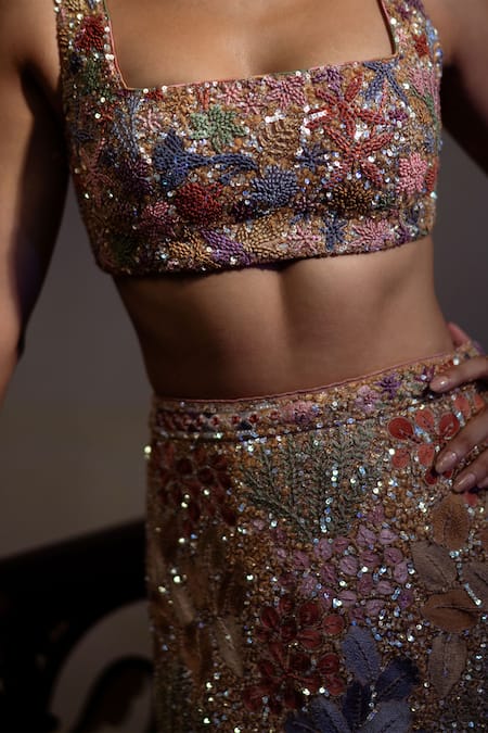 Buy_Mishru_Gold Tulle Embroidery, Sequins, Beads Square Neck Amelia Lehenga Set 