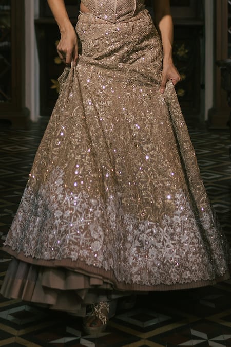 Mishru_Gold Organza, Tulle Embroidery, Sequins Sweetheart Neck Zyra Lehenga Set _Online_at_Aza_Fashions