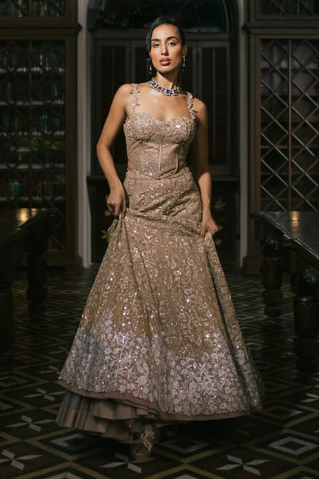 Shop_Mishru_Gold Organza, Tulle Embroidery, Sequins Sweetheart Neck Zyra Lehenga Set _Online_at_Aza_Fashions