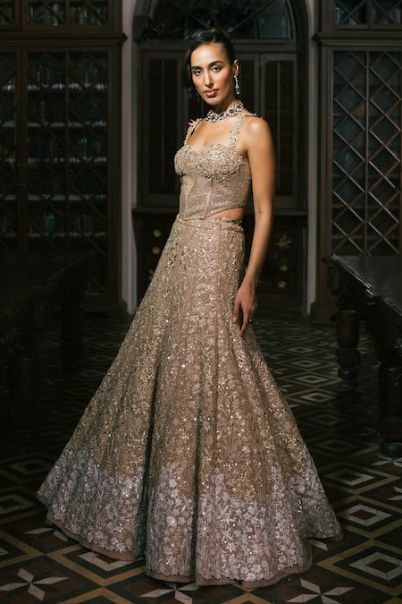 Mishru_Gold Organza, Tulle Embroidery, Sequins Sweetheart Neck Zyra Lehenga Set _at_Aza_Fashions