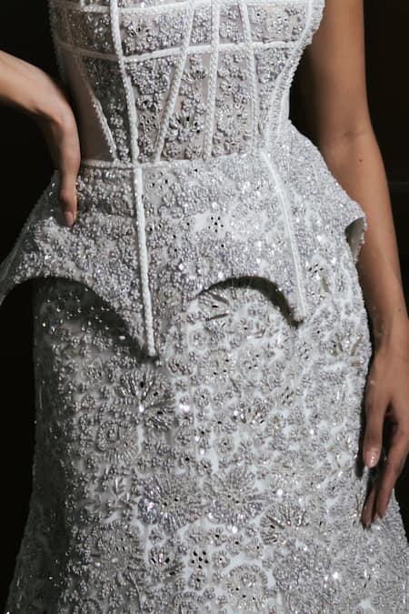 Buy Mishru Ivory Tulle Sequins, Embroidery Bandeau Neck Rheia Corset And Skirt Set Online at Aza Fashions Buy_Mishru_Ivory Tulle Sequins, Embroidery Bandeau Neck Rheia Corset And Skirt Set _Online_at_Aza_Fashions