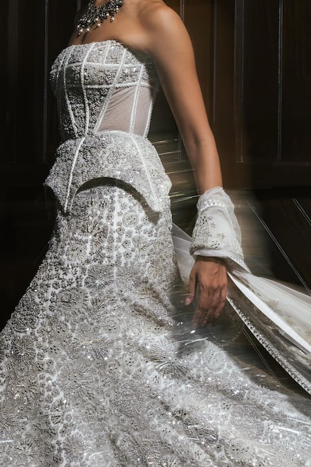 Mishru Ivory Tulle Embroidery, Sequins, Beads, Zari Bandeau Rheia Corset And Skirt Set Online at Aza Fashions Mishru_Ivory Tulle Embroidery, Sequins, Beads, Zari Bandeau Rheia Corset And Skirt Set _Online_at_Aza_Fashions