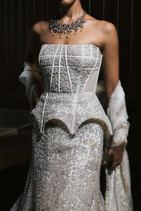 Shop Mishru Ivory Tulle Embroidery, Sequins, Beads, Zari Bandeau Rheia Corset And Skirt Set Online at Aza Fashions Shop_Mishru_Ivory Tulle Embroidery, Sequins, Beads, Zari Bandeau Rheia Corset And Skirt Set _Online_at_Aza_Fashions