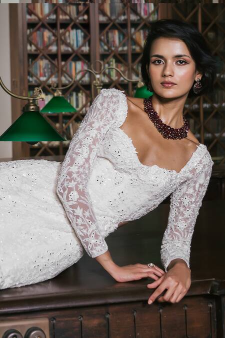 Mishru_Ivory Tulle Embroidery, Sequins Sweetheart Neck Seraphina Gown _Online_at_Aza_Fashions