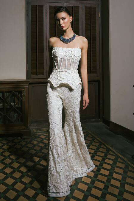 Buy_Mishru_Ivory Tulle Embroidery, Sequins Bandeau Neck Mabel Pant Set _Online_at_Aza_Fashions
