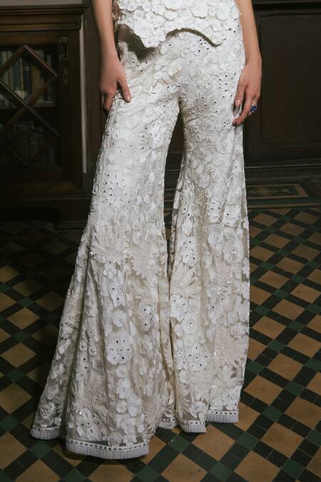 Shop_Mishru_Ivory Tulle Embroidery, Sequins Bandeau Neck Mabel Pant Set _Online_at_Aza_Fashions