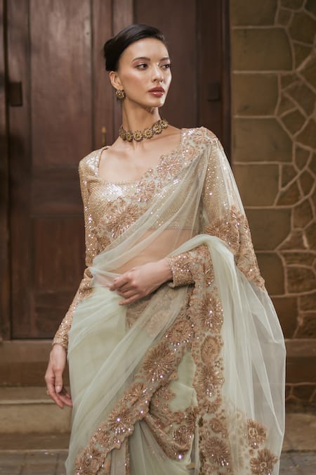 Mishru_Mint Tulle Embroidery, Zari, Sequins Round Neck Odette Saree And Cape Set _Online_at_Aza_Fashions