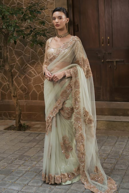 Buy_Mishru_Mint Tulle Embroidery, Zari, Sequins Round Neck Odette Saree And Cape Set _Online_at_Aza_Fashions