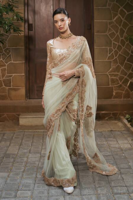 Mishru_Mint Tulle Embroidery, Zari, Sequins Round Neck Odette Saree And Blouse Set _Online_at_Aza_Fashions