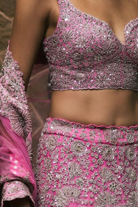 Mishru Pink Tulle Embroidery, Sequins Sweetheart Neck Elara Lehenga Set Online at Aza Fashions Mishru_Pink Tulle Embroidery, Sequins Sweetheart Neck Elara Lehenga Set _Online_at_Aza_Fashions
