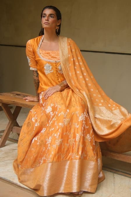 Shop_Myoho_Orange Dupion, Brocade, Silk, Tissue Embroidery, Zari Square Pattern Lehenga Set _Online_at_Aza_Fashions