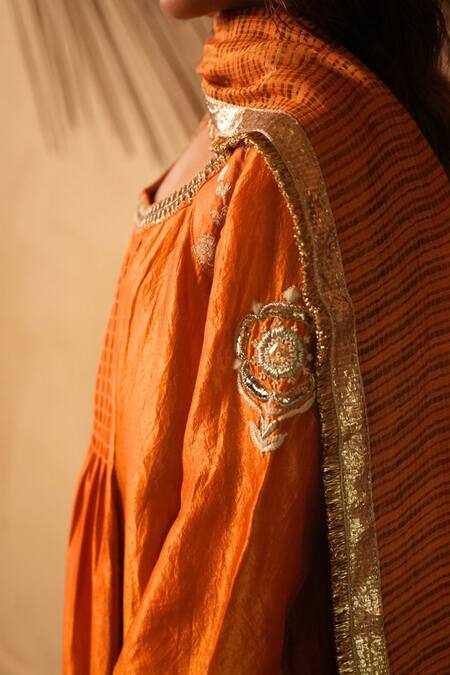 Myoho_Orange Dupion, Brocade, Tissue, Silk, Chanderi Embroidery, Zari Mango Kurta Set _Online_at_Aza_Fashions