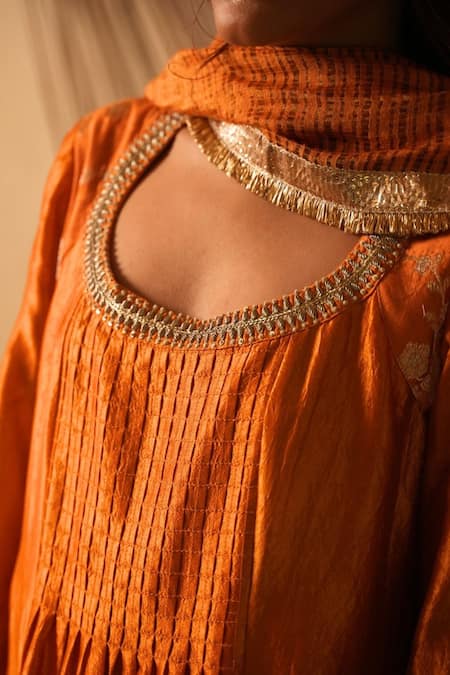 Buy_Myoho_Orange Dupion, Brocade, Tissue, Silk, Chanderi Embroidery, Zari Mango Kurta Set _Online_at_Aza_Fashions