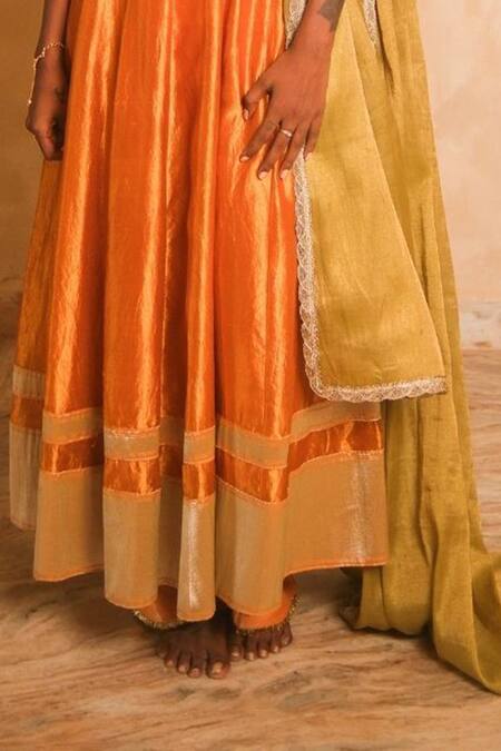 Myoho_Orange Dupion, Brocade, Tissue, Chanderi Embroidery Floral Pattern Kurta Set _Online_at_Aza_Fashions