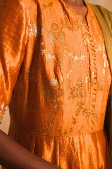 Shop_Myoho_Orange Dupion, Brocade, Tissue, Chanderi Embroidery Floral Pattern Kurta Set _Online_at_Aza_Fashions