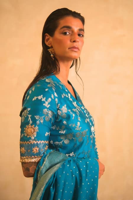 Myoho_Turquoise Brocade, Chanderi, Tissue Embroidery, Zari V-neck Blouse And Lehenga Set _Online_at_Aza_Fashions
