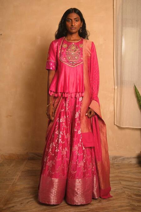 Myoho_Fuchsia Chanderi, Brocade Embroidery, Zari Round Neck Pattern Lehenga Set _Online_at_Aza_Fashions
