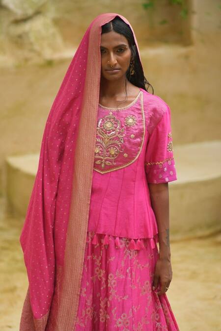 Buy_Myoho_Fuchsia Chanderi, Brocade Embroidery, Zari Round Neck Pattern Lehenga Set _Online_at_Aza_Fashions