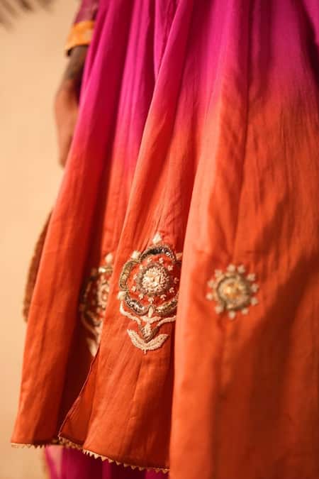 Myoho_Pink Chanderi Silk, Chanderi, Tissue Embroidery, Zari, Gota Ombre Kurta Set _Online_at_Aza_Fashions