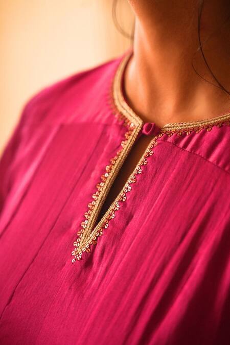 Buy_Myoho_Pink Chanderi Silk, Chanderi, Tissue Embroidery, Zari, Gota Ombre Kurta Set _Online_at_Aza_Fashions